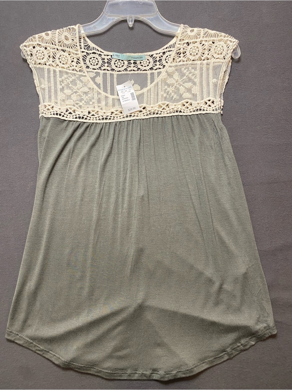 Maurices X-Small Crochet Yoke Chemise in Cream & Olive NWT